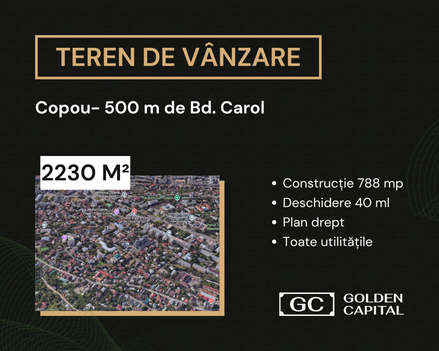 Teren Unic 2230 mp, 40 ml deschidere, Copou- 500 m de Bd. Carol