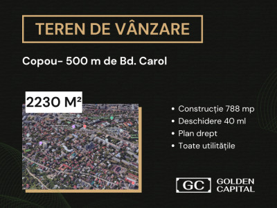 Teren Unic 2230 mp, 40 ml deschidere, Copou- 500 m de Bd. Carol